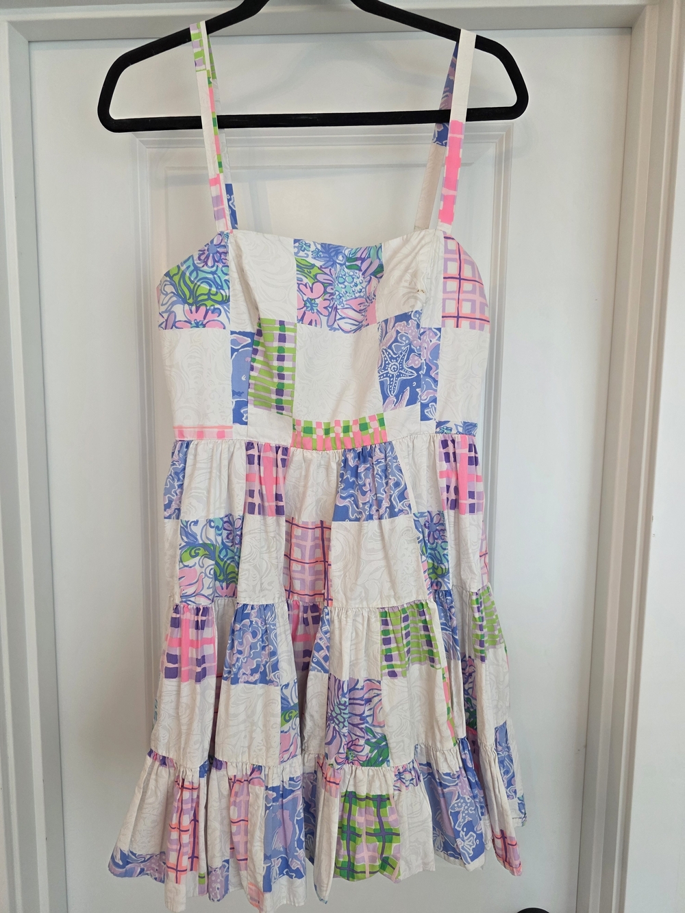 Lilly Pulitzer White Patchwork Tiered Sundress with Pink, Blue & Green